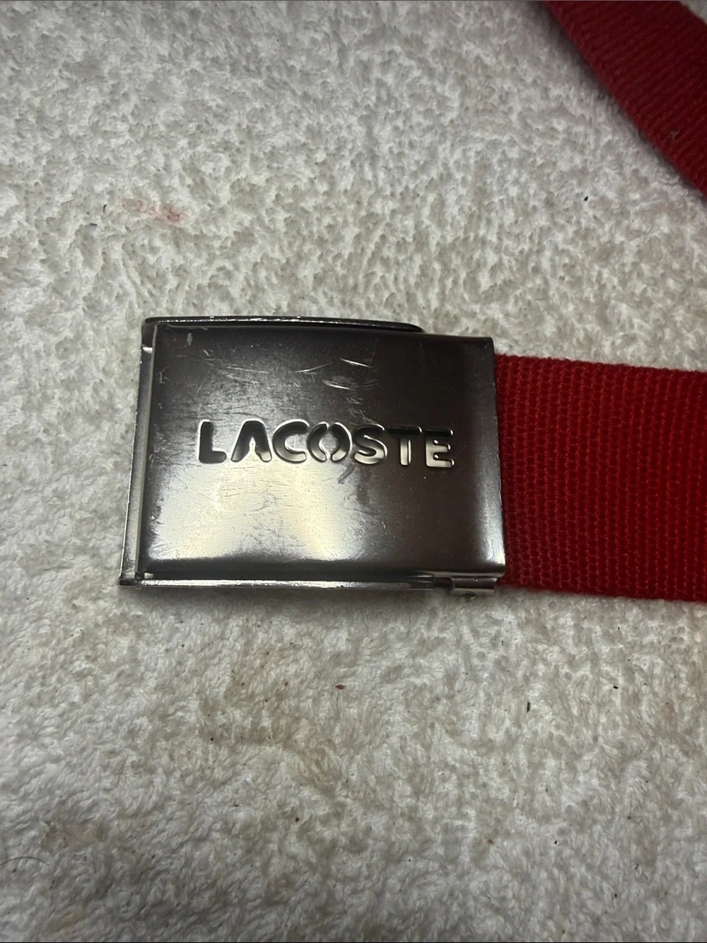 Lacoste Red Canvas Belt with Silver Buckle and Crocodile Patch